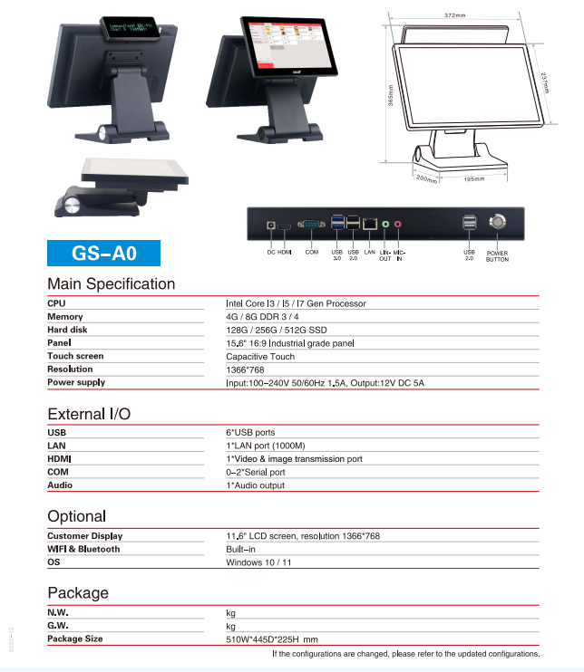 Especificaciones del sistema POS GS-A0