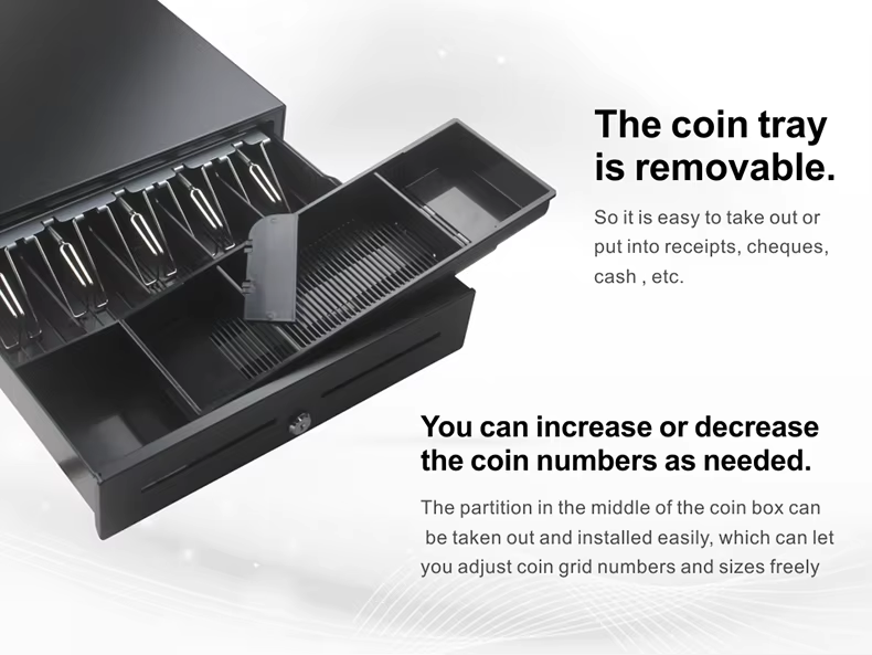 cajón de efectivo pos con ranuras para monedas