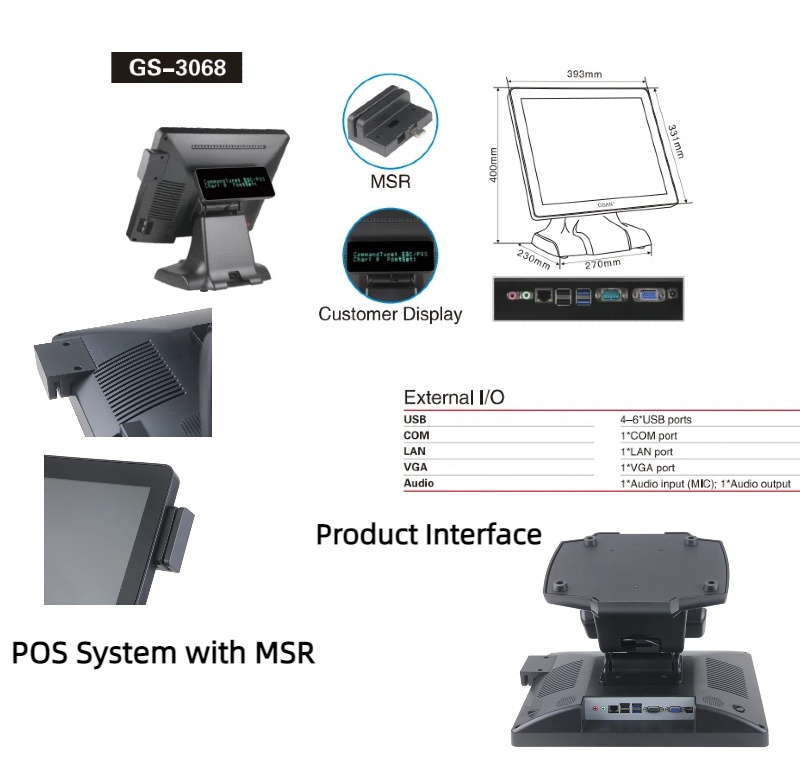 3068 Sistema de POS de pantalla táctil Tamaño e interfaz del sistema