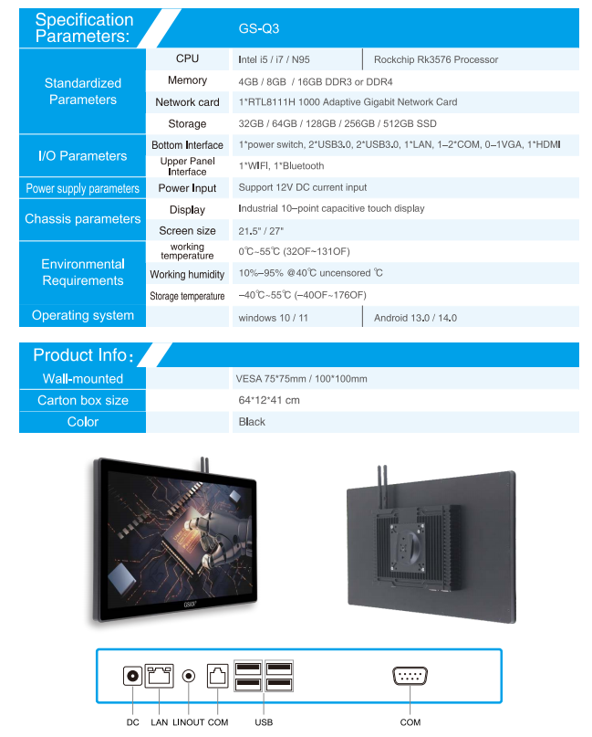 21.5 especificaciones de PC industriales