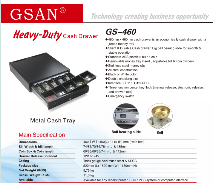Especificaciones del caj&oacute;n portamonedas GS-460