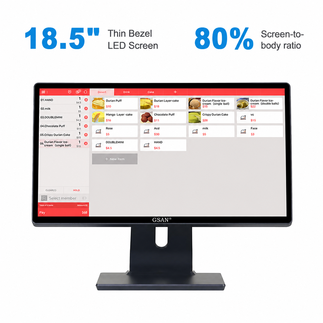 GS-A9 todo en uno, sistema POS ultrafino con pantalla táctil de 18,5 pulgadas para supermercado