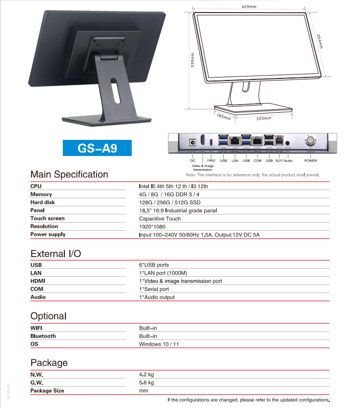 Configuraci&oacute;n pos A9 de 18,5 pulgadas
